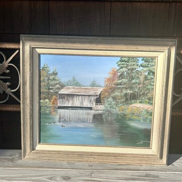 Rustic Framed Landscape Painting of a Covered Bridge by the Water. - Picture 6 of 10